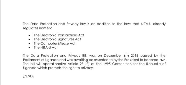 Today His Excellency <a href="/KagutaMuseveni/">Yoweri K Museveni</a> signed the DATA PROTECTION AND PRIVACY INTO LAW. This law will protect the privacy of individuals &amp; their personal data by regulating the collection &amp; processing of personal info. <a href="/NITAUgandaED/">Dr. Hatwib Mugasa</a> <a href="/NITAUganda1/">NITA-Uganda</a>