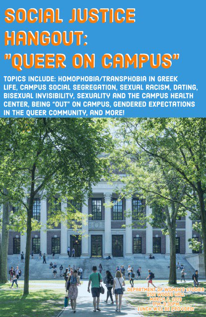 TriotaUMD's tweet photo. Join the Department of Women's Studies for the March 5th Social Justice Hangout! The topic will be "Queer on Campus". 
Lunch will be provided!

🏫  LOCATION: Department of Women's Studies, 2101R Woods Hall
🕒TIME: March 5, 1pm - 3:30pm https://t.co/QvEzDaBoTr