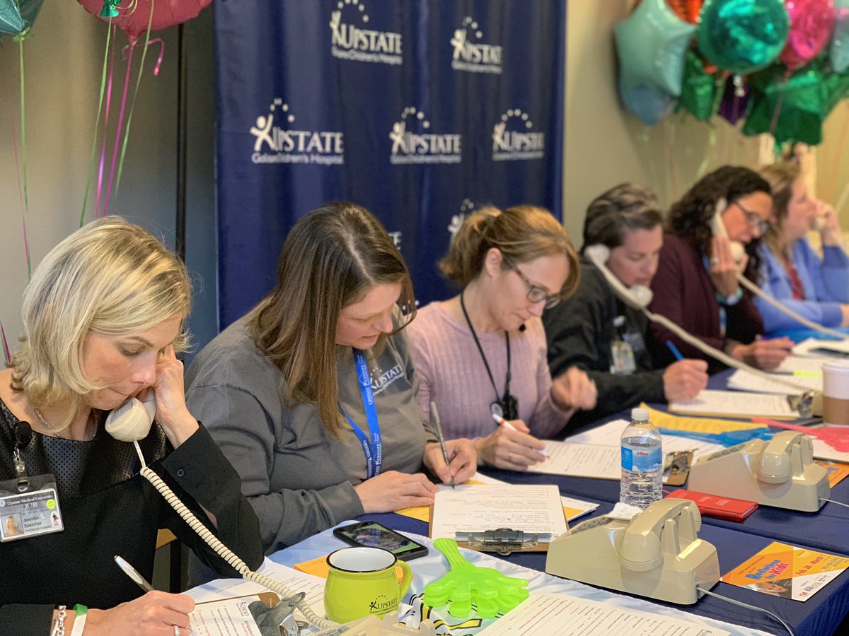 UpstateGolisano's tweet photo. #RADIOTHON2019 is happening right now in the hospital lobby! Call 315-464-5500 or text “UpstateKids” to 51555 to donate today! 🤩☎️ #UpstateMedical https://t.co/mVpeedP8FM