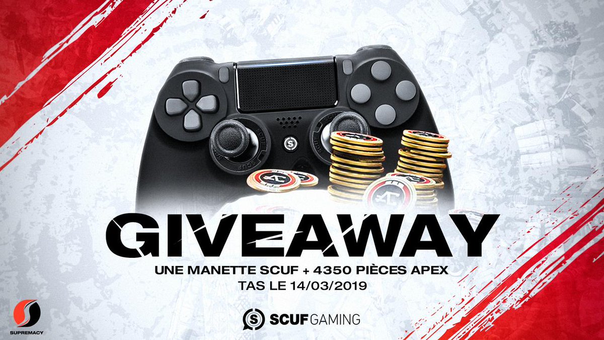 Supremacy_FR's tweet photo. #Concours 🎊
Tente de remporter la manette Scuf de ton choix et 4350 pièces Apex 🔥
#RT + Follow @Supremacy_FR &amp; @ScufFrance pour participer (tirage au sort le 14/03) !

(et si tu laisses un GIF illustrant ton envie d'avoir ce pack en commentaire c'est tout bonus 🤓) https://t.co/q6rzQMhYTu
