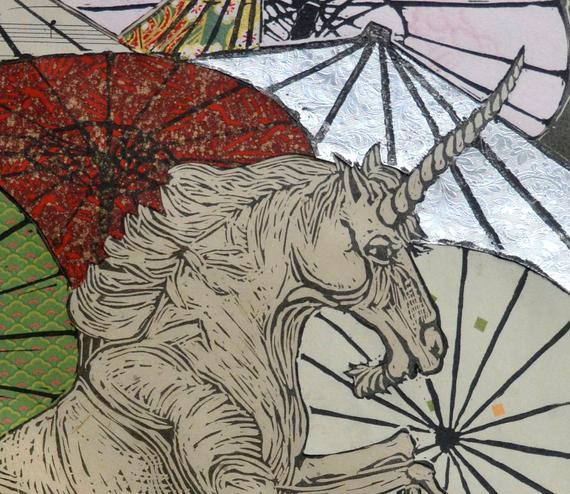 Vera_Ore's tweet photo. https://t.co/A57vn04P6E >Unicorn Amongst Umbrellas XXVIII- Multimedia - Lino Block Print Unicorn with Collaged Japanese Papers &amp; Ephemera Parasols https://t.co/Udo2pmmBty