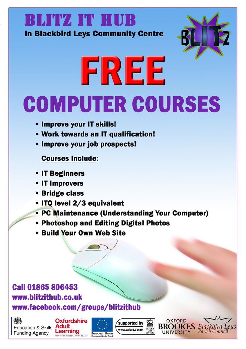 There are some fantastic FREE courses being held locally at the moment which we would like to share with you.
BLITZ HUB are running free computer skills courses, great for improving your CV - please see the poster for contact details