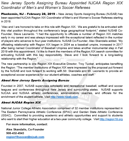 theNJSAB's tweet photo. @theNJSAB appointed @NJCAARegionXIX Coordinator of Men’s and Women’s Soccer Referees starting in 2019.

“We are grateful to be entrusted with this vital position throughout the conference’s large geographical footprint.”  -Steve Leonardo, Co-Founder, @theNJSAB https://t.co/uXBsK6wbSf