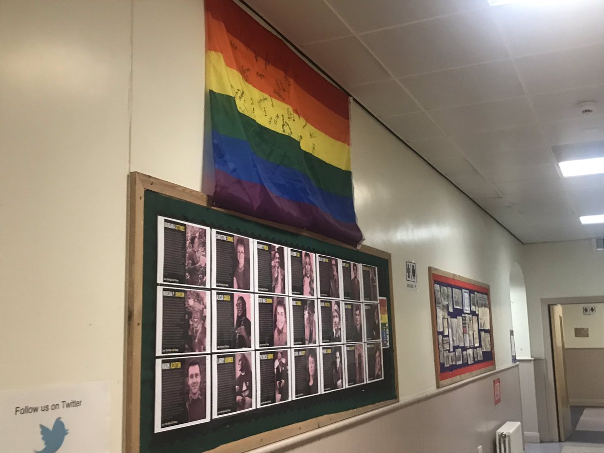 Our rainbow flag finally up on the wall, in time to mark the end of LGBT History Month @LGBTYS @graemeleaross @StonewallScot @tiecampaign @DundeeHWB1 #dundeelearning #LGBTHM19