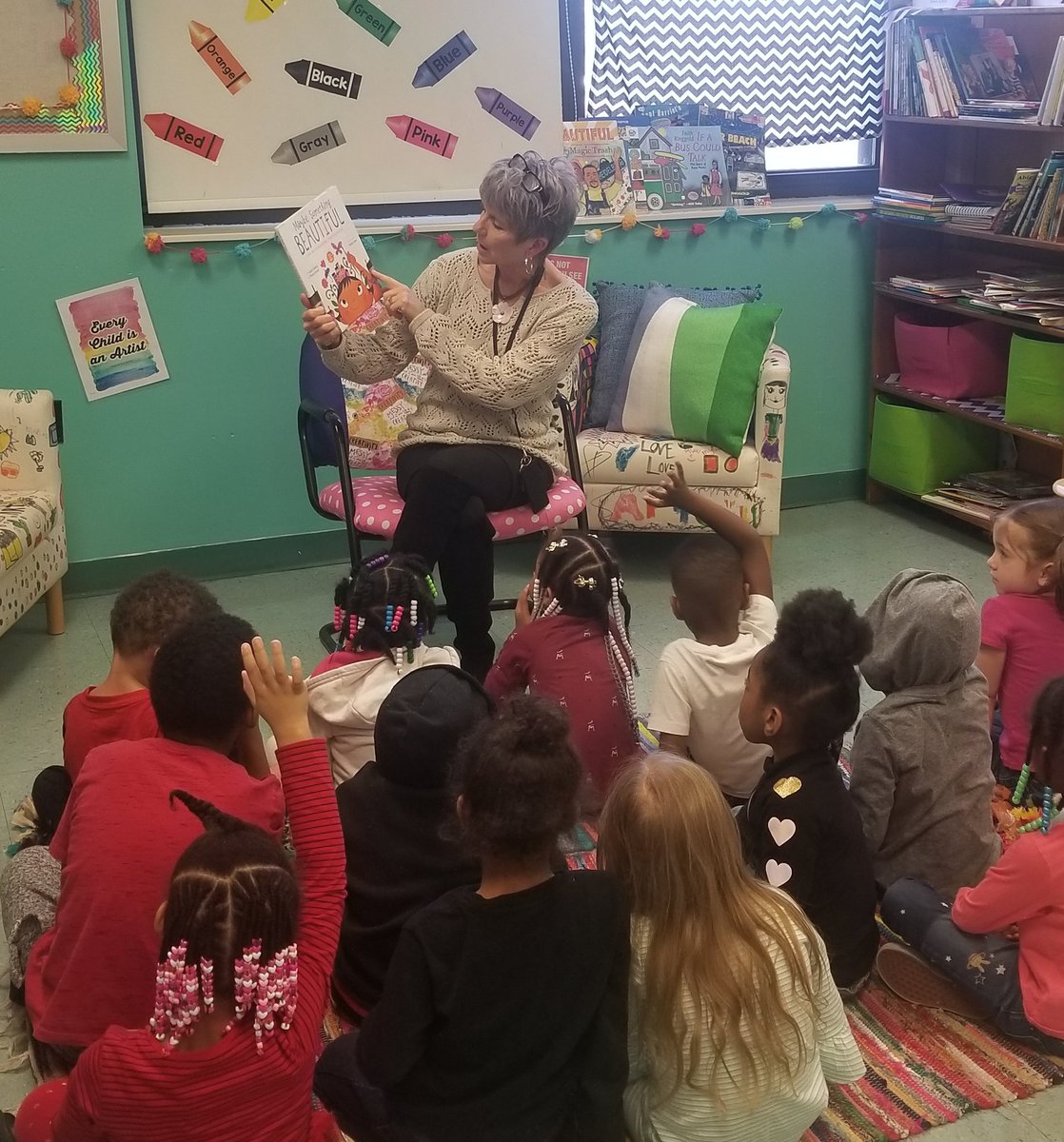 We had a guest speaker in the Art room today.  I want to give a huge thanks to @CelesteRudge for coming to my PreK class and getting their creative juices flowing with a reading of 'Maybe Something Beautiful' for their James Rizzi inspired cities! #literatureandart #booknook