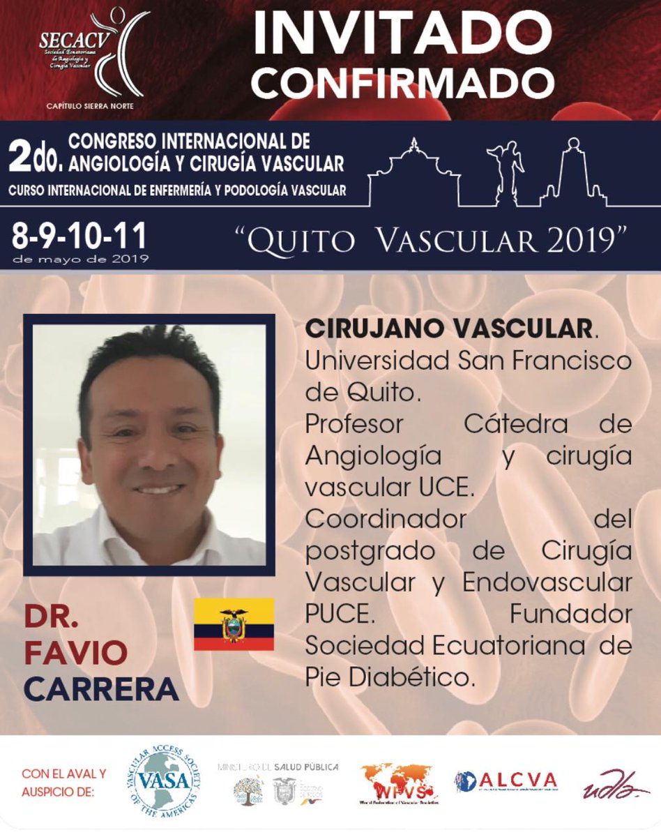 SECACV's tweet photo. QUITO VASCULAR 2019
MODULO: PIE DIABÉTICO Y ENFERMEDAD ARTERIAL PERIFÉRICA.
PROFESORES CONFIRMADOS!
Hotel JW Marriot, del 8 al 11 de mayo de 2019
Los esperamos!!
#vascular #Quito #Ecuador #piediabetico https://t.co/Ly8a90dDup
