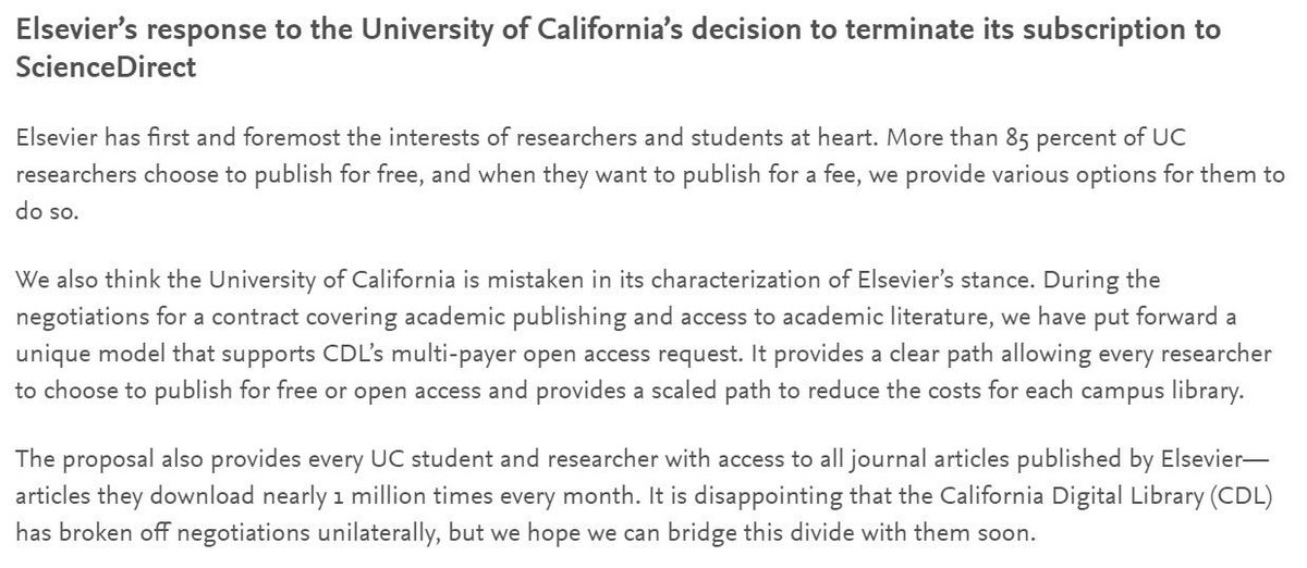 ElsevierConnect's tweet image. Elsevier&apos;s response to the University of California&apos;s announcement today.