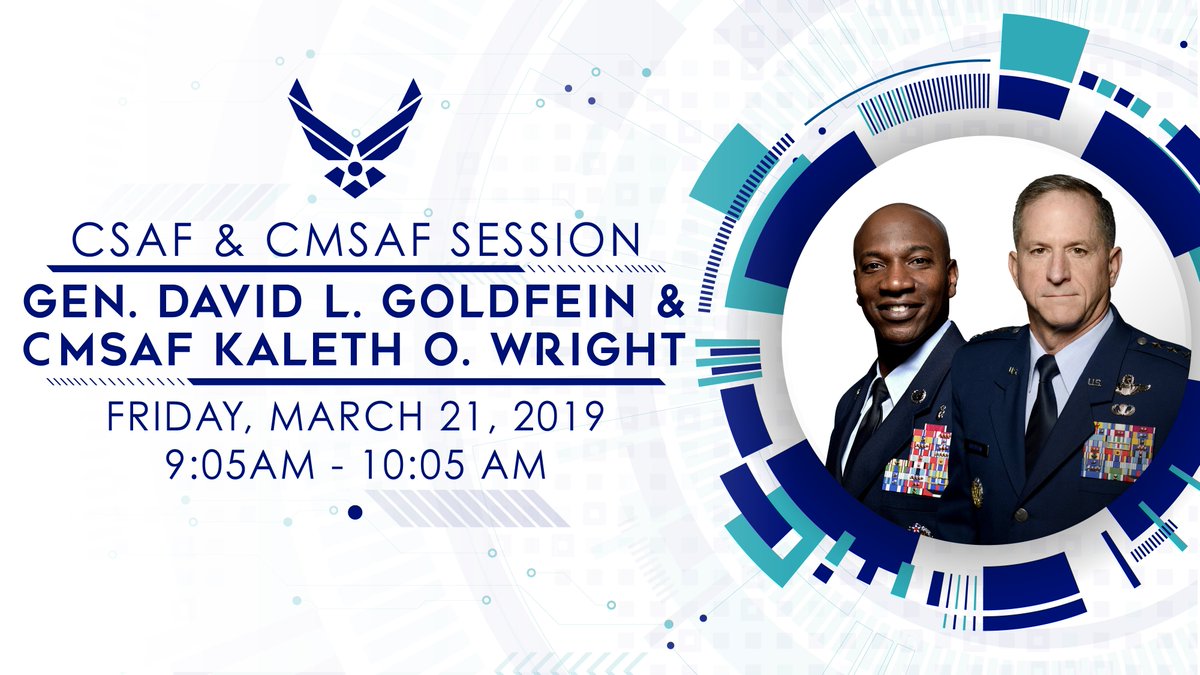 usairforce's tweet image. We are coming to you LIVE on #Facebook tomorrow at 9:05 AM EST with @GenDaveGoldfein and #CMSAFWright holding a joint session during #AWS19. @AirForceAssoc