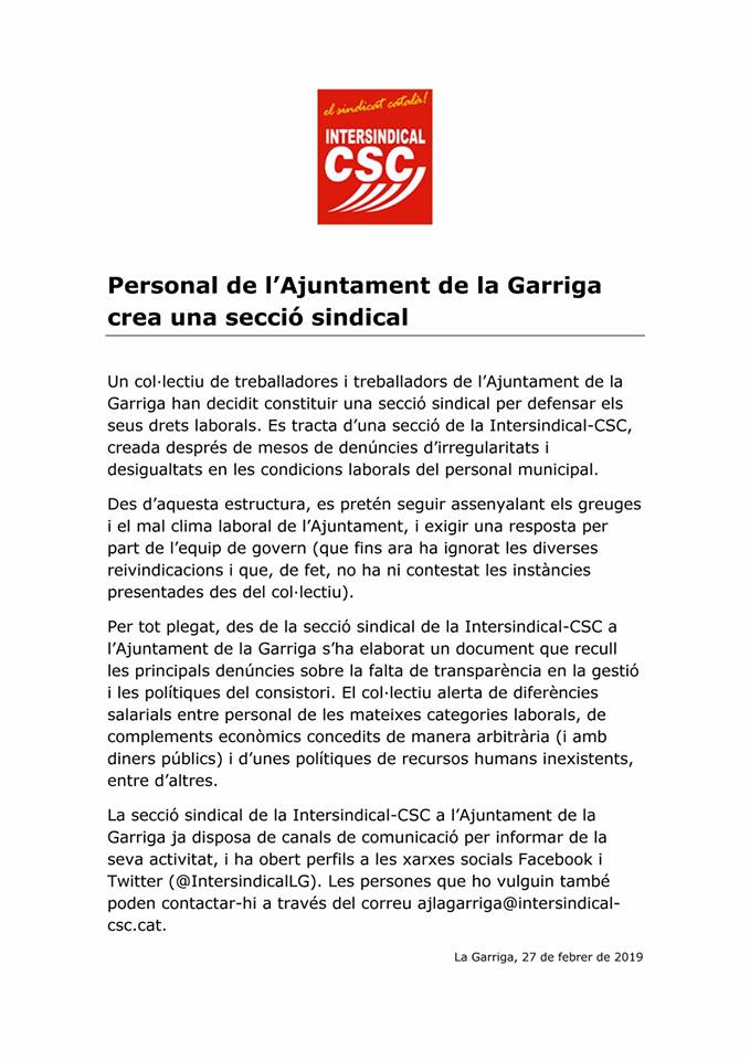 GarrigaDigital's tweet photo. Treballadors de l’@ajlagarriga constitueixen una secció sindical ✊🗣️
#LaGarriga #DretsLaborals #IntersindicalCSC
https://t.co/KtHTYI76Ea https://t.co/xgEO7YPh8Q