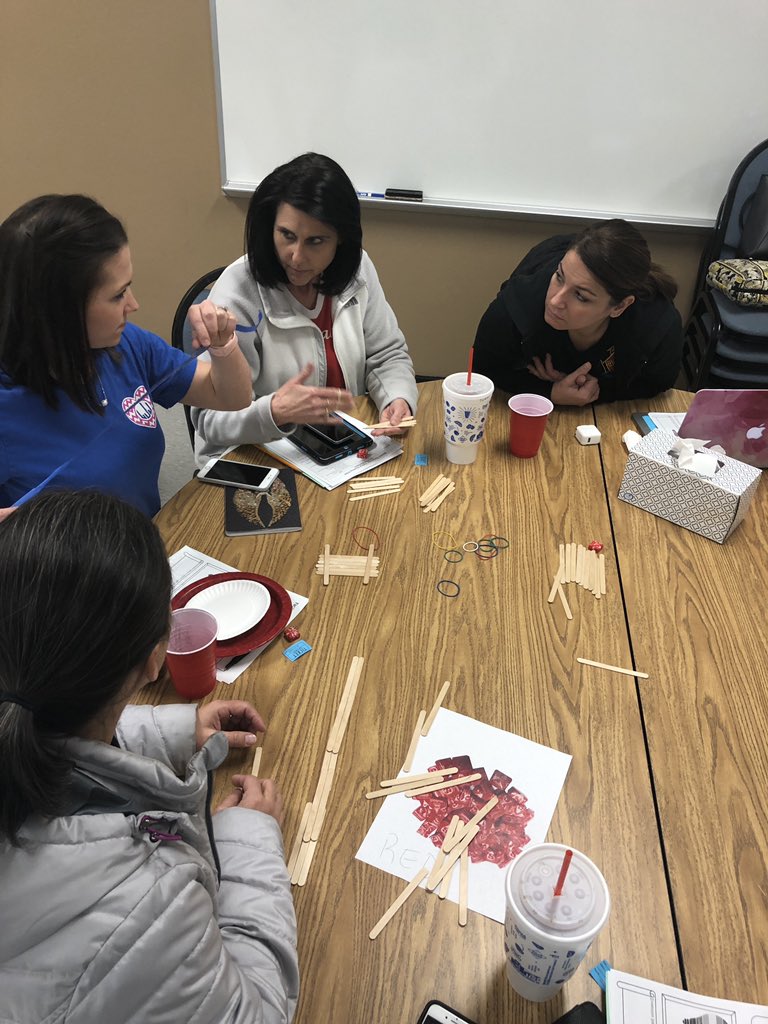 sher_miles's tweet photo. @LJJacksonECC teachers building a 12”x12” “bridge” using 60 craft sticks, 10 rubber bands and a strip of tape. #stemplanning #thinkdeeply #lisdpk @LisdLearns @LISDScience https://t.co/dnc4THds7N
