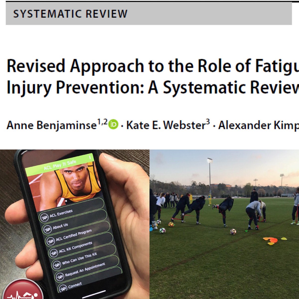 ACL_prevention's tweet photo. Benjaminse et al Sport Med 2019 training to resist fatigue is an underestimated aspect of prevention programs. #ACLPlayItSafe is the first program to use fatigue state training. Free on IOS and Android. #ResearchThatWorks @select_pt https://t.co/gM6KjEEocB