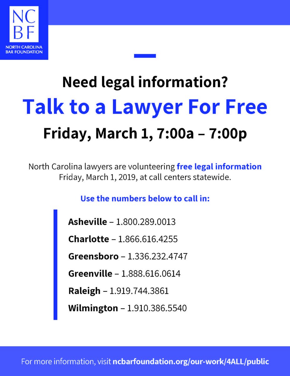 KimBartMullikin's tweet photo. The @NCBForg 4ALL Statewide Service Day is tomorrow! 500+ @NCBAorg lawyers will volunteer at 6 sites across NC to take calls and answer legal questions, for free! Local call-in numbers at https://t.co/rRvezKPlsu. #4ALLncbf https://t.co/5xaX2vtBN2