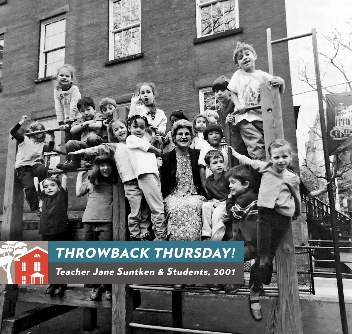 Teacher Jane Suntken poses with her students in the play yard outside the Old Schoolhouse in 2001. Jane retired that year after 29 years of teaching at Friends. Jane is one of many faculty members — past and present — with impressively long tenures at the School. #TBT #FSTBT