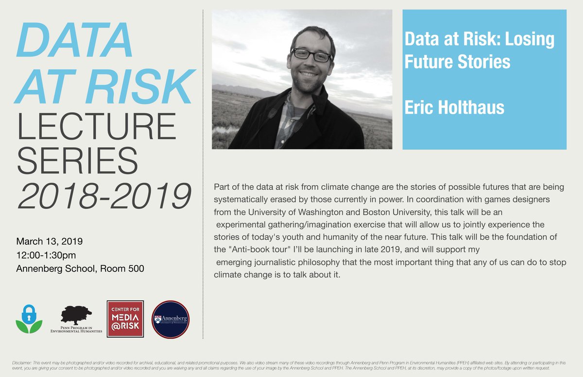 PPEHLab's tweet image. Excited to announce #DataAtRisk speaker, @EricHolthaus, joining us March 13th for an interactive talk on climate change, climate stories, and the humanity of the near future. Not to be missed!

bit.ly/2UeqazU @DataRefuge @AnnenbergPenn