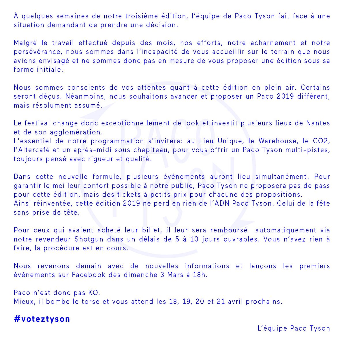PacoTysonFest's tweet photo. #voteztyson ✊

+ Toutes les réponses à vos questions sont ici : 
https://t.co/22yRbjQUR5
nouvelle billetterie: https://t.co/CgA8eNpSFC https://t.co/877t4aAdhC