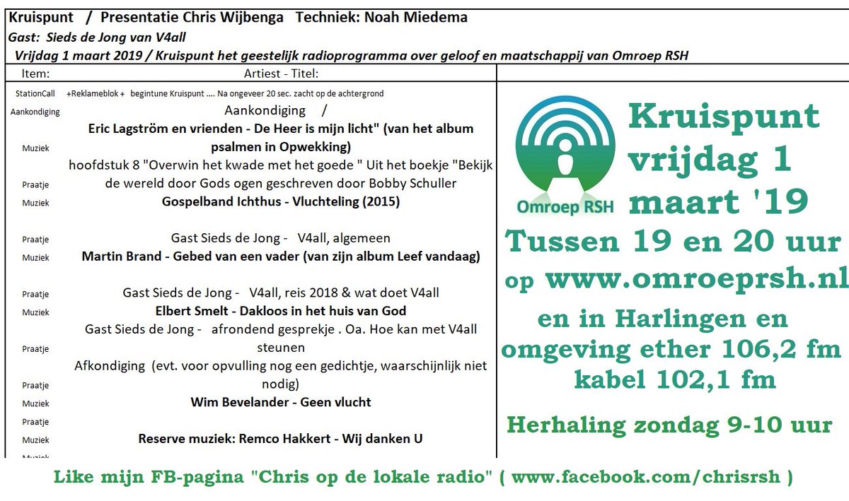Morgen (vrijdag 1 maart)mag ik weer kruispunt presenteren op <a href="/OmroepRSH/">Omroep RSH</a> , de lijst is weer klaar.
Muziek van o.a.: Eric Lagström, <a href="/Ichthus_Gsplbnd/">Gospelband Ichthus</a> , en <a href="/MartinBrand/">Martin Brand</a> .
En een studio gast .... Sieds de jong van V4all Friesland