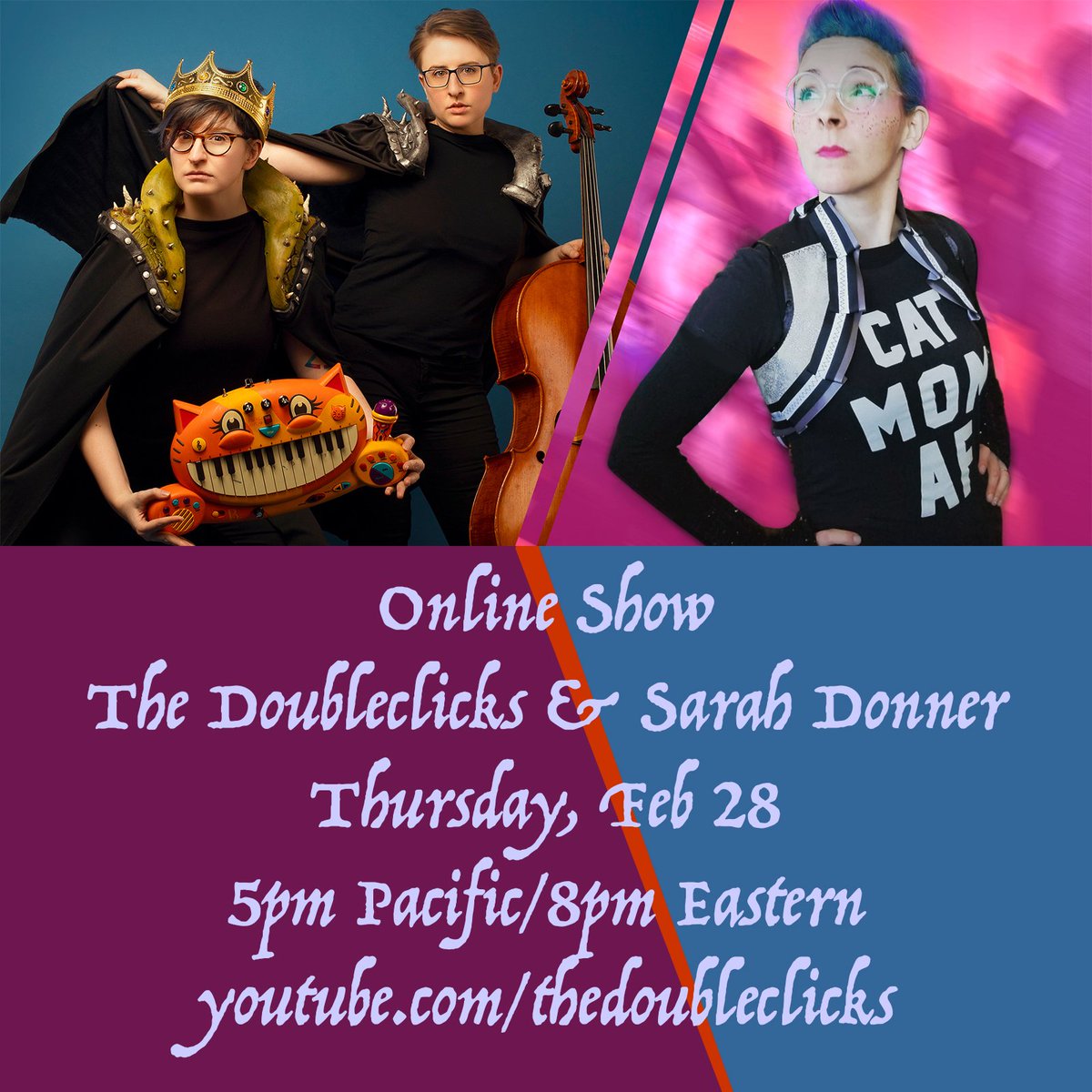 TheDoubleclicks's tweet photo. Today! in about 5 hours! There's going to be an online show! And it will feature: US! The Doubleclicks! as well as @sarahdonner!
Still accepting song requests/dedications here: https://t.co/nojrFISP7F
Watch it here! https://t.co/UVhmyAC9Vo
#DoubleclicksLive https://t.co/VUaie4LsO3