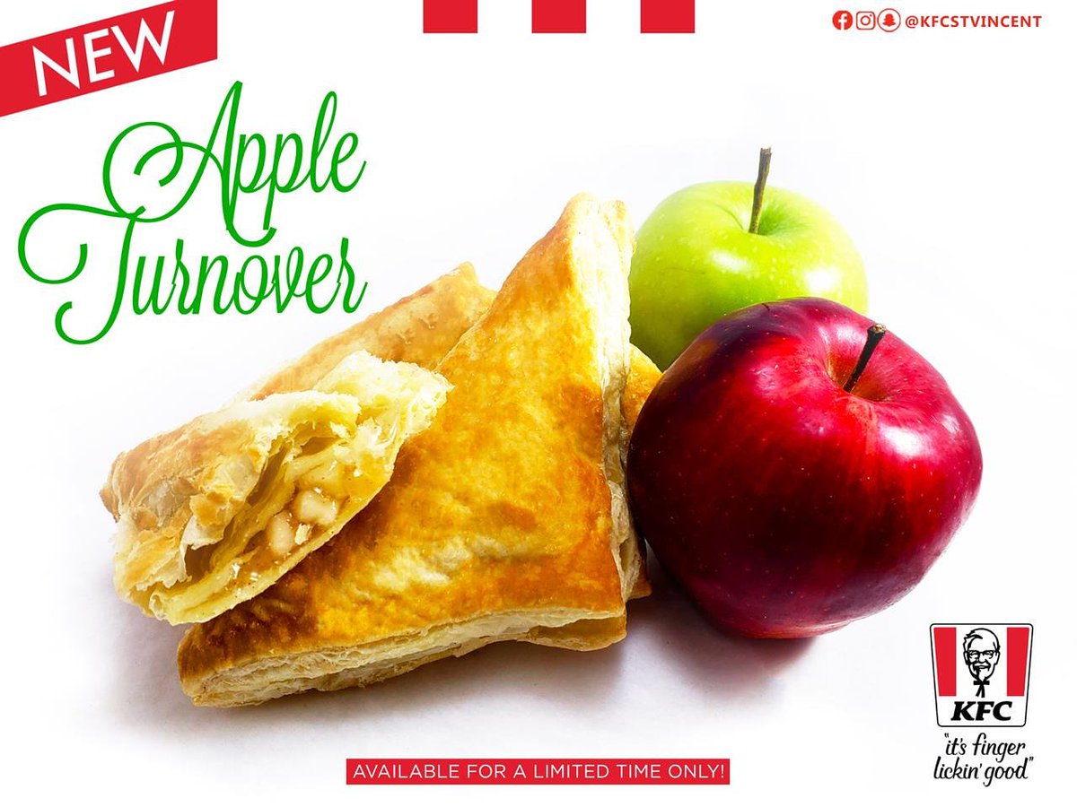 kfc_stvincent's tweet photo. Try our new warm & delicious, freshly baked Apple Turnovers available at KFC!
#KFC #Dessert #KFCSVG #KFCStVincent https://t.co/31oZaLNJ2I