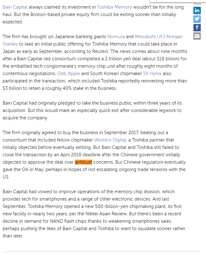 Bain Cap  #Antitrust in the news 2/20/19!Q2840Mitt Romney.Mitt Romney.Mitt Romney.Wire transfers are a convenient way of transferring money.QHappy Hunting!QChinese government initially objected to approve the deal over antitrust concerns.  https://pitchbook.com/news/articles/already-bain-capital-prepping-to-take-18b-memory-chip-unit-public @POTUS