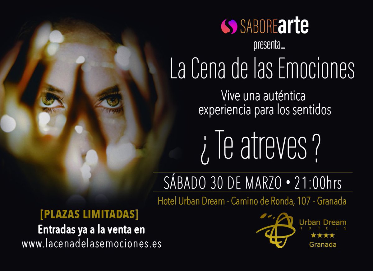 En marzo vuelve la Cena de las Emociones a Granada.Es un regalo que no olvidarás jamás… tienes que vivirlo. 
📅 Sábado 30 de marzo, 21h.
📌 Hotel Urban Dream Granada (Camino de Ronda, 107). Granada.
🎟 TickBox
ℹ️ bit.ly/2Uj64EZ
<a href="/Saborearteatro/">SaboreArte</a>