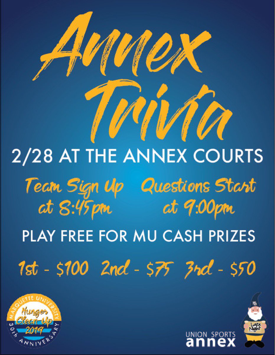 MUCommunity's tweet photo. join us for annex trivia TONIGHT to celebrate Hunger Clean-Up's 30th Anniversary!! https://t.co/wbDmfUpVFH