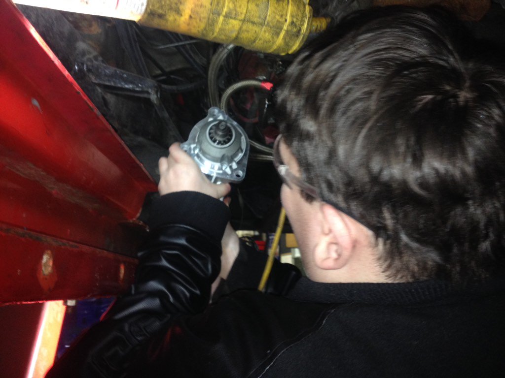 btbgas's tweet photo. Lucas &amp; Dante installing the new starter on the "Fry Power" waste vegetable oil (WVO) van to compete at Watkins Glen https://t.co/i0bvTHGclw