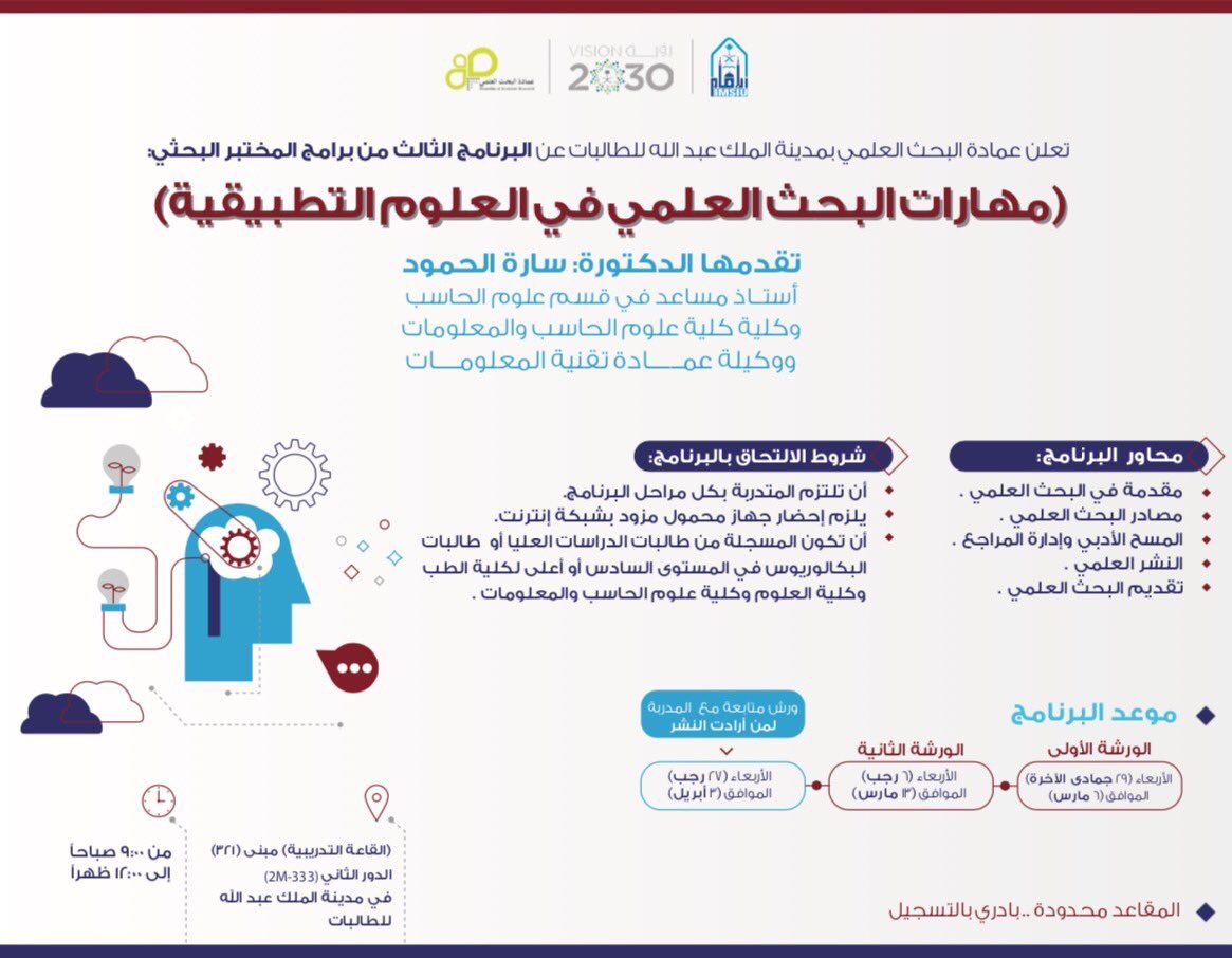 imam_GEC's tweet photo. النسخة الثانية من البرنامج الثالث من برامج (المختبر البحثي) في عمادة البحث العلمي بمدينة الطالبات بـ #جامعة_الإمام في مجال العلوم التطبيقية بعنوان "مهارات البحث العلمي في العلوم التطبيقية". 

للتسجيل:

https://t.co/85ua63CoWA https://t.co/5ZNsH7WLZ6
