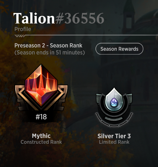 Finished around rank 30 in mtga preseason 2. Was close to the top ranks but couldn't quite get there. Happy with my performance considering the bad matchmaking and dcs that occurred. Congratz to all the players who made top 8, it was a hell of a grind!