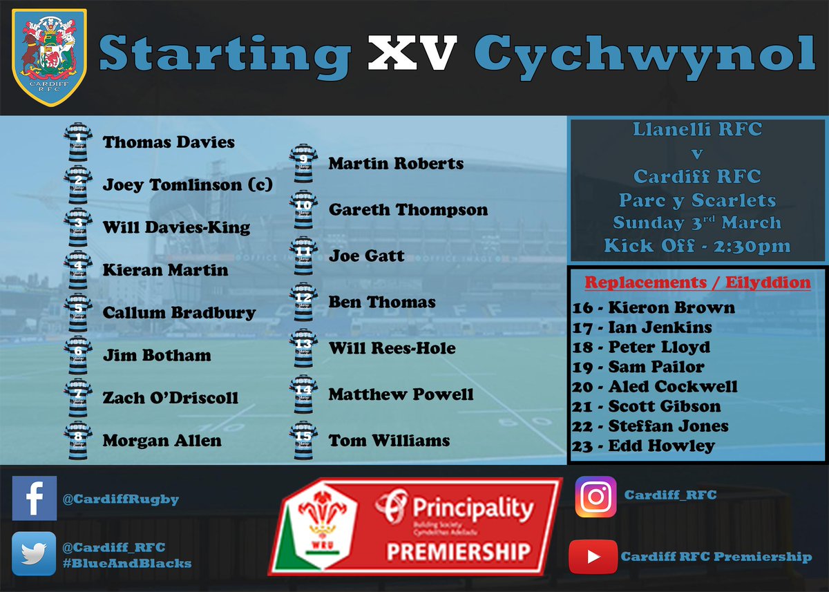 Cardiff_RFC's tweet image. Here is the Cardiff team to take on @LlanelliRFC at @official_parc this Sunday. Kick off is 2:30pm.

💙🖤 #BlueAndBlacks