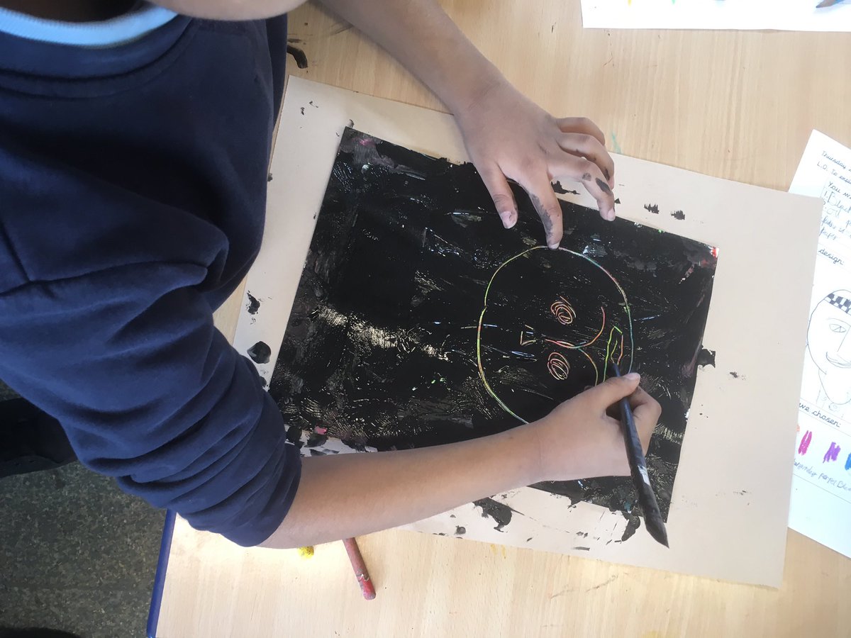 BegbrookAcademy's tweet image. Year 2 art inspired by African Akua dolls. We started by colouring our pages will oil pastels, painting black over the top and scratching out our design. Then we did a class gallery and shared what we liked about each other&apos;s art. It was a lot of fun!!!! #year2learning #CLF