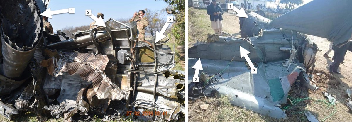 Michael1Sheldon's tweet photo. A lot of talk going around claiming that the image on the left shows wreckage of a Pakistani F-16. Another angle of the same piece of wreckage clearly shows that it is from an Indian MiG-21. Key identifiers numbered and marked with white arrows. https://t.co/3ov6YPmpsZ