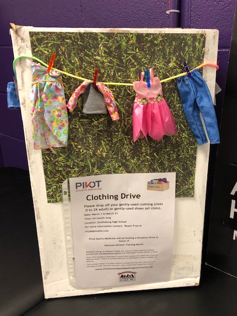 RY_FRYE_ATC's tweet photo. In honor of National Athletic Training Month the Pivot Sports Medicine athletic trainers are hosting a clothing drive. Donations will go to Children in Need, Inc. See flyer for donation items. Bring your items to basketball games at Smithsburg H.S. Look for bin featured in photo https://t.co/ZwcB7U1GOM