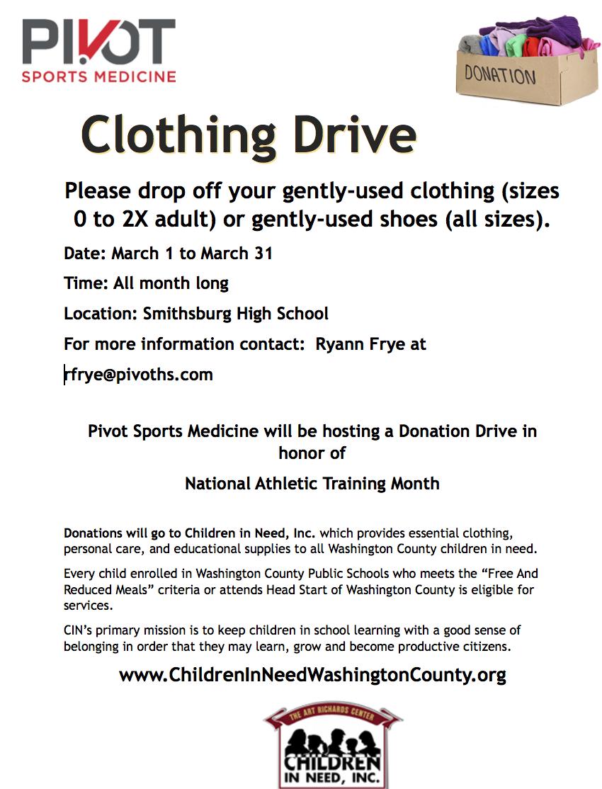 RY_FRYE_ATC's tweet photo. In honor of National Athletic Training Month the Pivot Sports Medicine athletic trainers are hosting a clothing drive. Donations will go to Children in Need, Inc. See flyer for donation items. Bring your items to basketball games at Smithsburg H.S. Look for bin featured in photo https://t.co/ZwcB7U1GOM