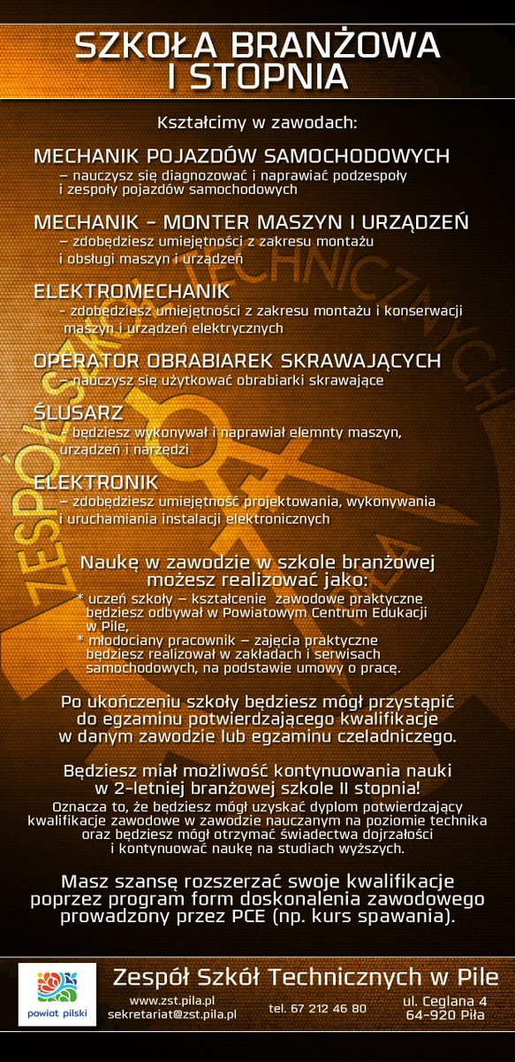 MMKALOM's tweet photo. Dwustronne ulotki w formacie A4 dla Szkoły Branżowej nr 1 w Zespole  Szkół Technicznych w Pile z ofertą edukacyjną na rok szkolny 2019/2020    #ślusarz #mechanikmontermaszyniurządzeń #operatorobrabiarekskrawających #elektronik #mechanikpojazdówsamochodowych #zst #piła https://t.co/EfuMrzZgE3