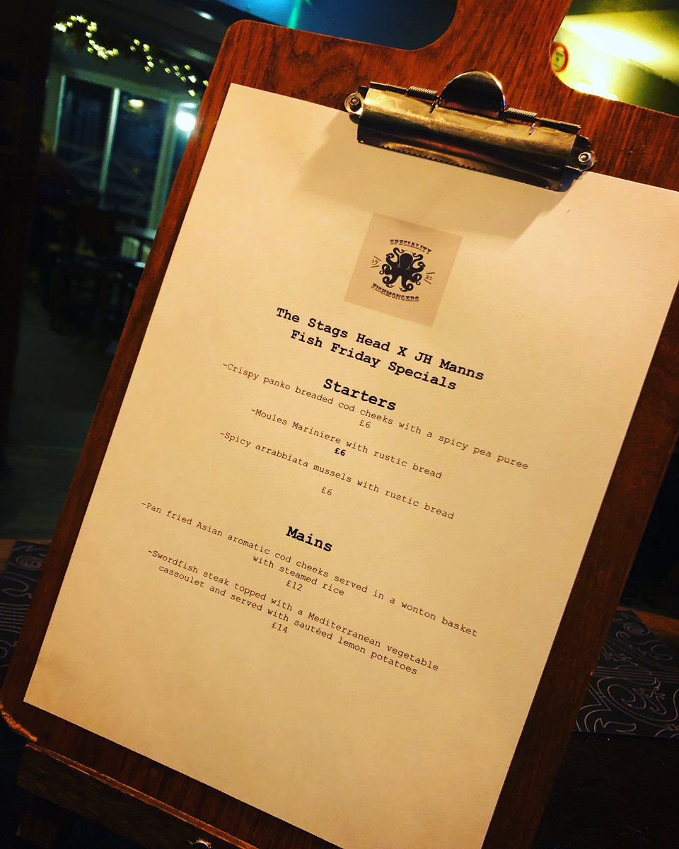 ThornbridgeStag's tweet photo. Hereβs tomorrowβs fish Friday specials #codcheeks #mussels #swordfish @jhmannsheffield https://t.co/Gf9XxTRHDF