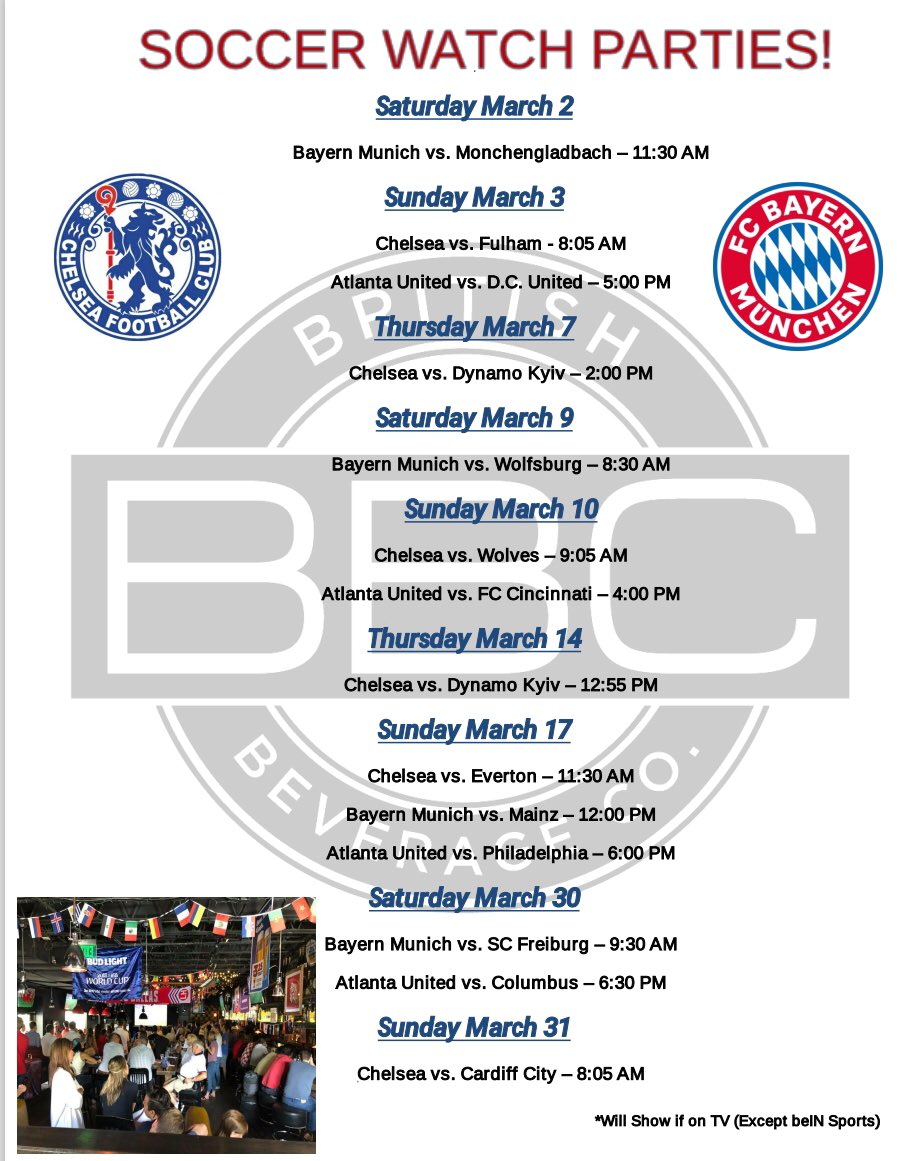 BBCdallas's tweet photo. Starting Saturday, come join us for some exciting matches!!! Sound will be on, and the drinks will be flowing! Happy hour is from 2-9pm every day and ALL DAY on Sunday! 😎
•
•
#soccer #chelseafootballclub #fcbayern #uptown #dallas #happyhour #specials #march https://t.co/cu3I3VvS3D
