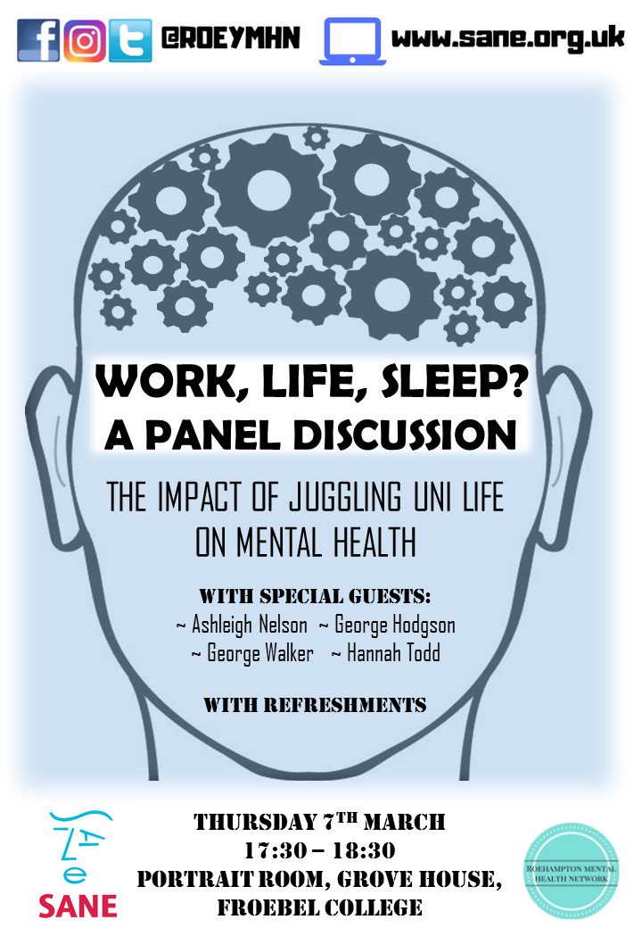 Join us for a panel talk with <a href="/CharitySANE/">SANE | Changing mental health for good</a> next Thursday (07/03/19) on the impact of juggling university life on student mental health. Find out more and reserve your FREE ticket here: eventbrite.co.uk/e/work-social-… #MentalHealthAwareness #UniMentalHealthDay