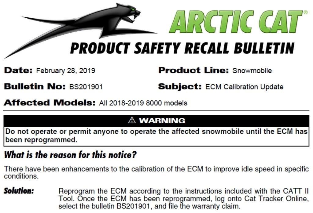 CountryCatInc's tweet image. ⚠️PRODUCT SAFETY RECALL BULLETIN:⚠️ Arctic Cat has just released a Product Safety Recall Bulletin for an ECM calibration update on all 2018-2018 8000 snowmobile models.

If you own one of these models, please call us at 320-352-3534 to get your unit scheduled in for the update.
