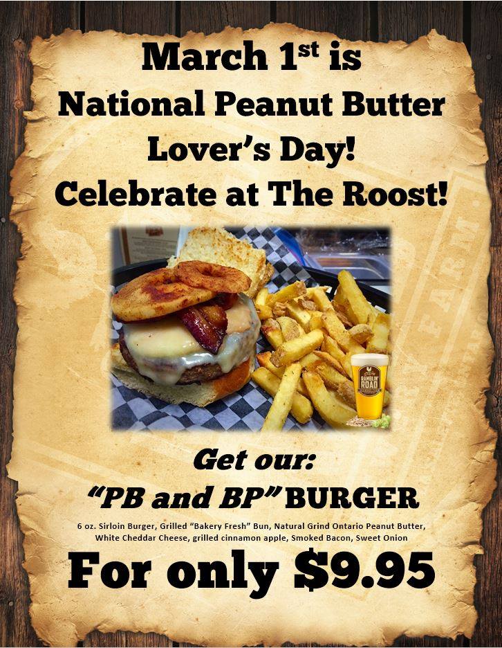 March 1st is National Peanut Butter Lover's Day!!  Come celebrate with a PB and BP Burger featuring <a href="/PicardsOriginal/">Picard's</a> natural grind Ontario Peanut Butter #NorfolksBestBrew #MatchMadeInNorfolk