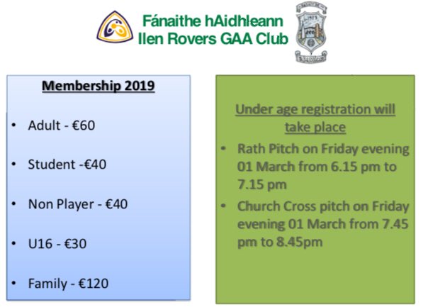 Ilen Rovers GAA Membership &amp; Registration 2019 takes place tomorrow - Friday 1st March in Rath meeting room from 6.15 to 7.15 and Church Cross from 7.45 to 8.45. All welcome. <a href="/kilcoens/">Kilcoe NS</a> <a href="/LisheenNS/">Lisheen NS</a> <a href="/BaltimoreIE/">Baltimore Ireland</a> <a href="/oileanchleire/">Cape Clear</a> #sherkinisland #rathNS
