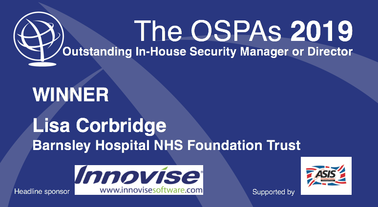 theOSPAs's tweet photo. The winner of the Outstanding In-House Security Manager or Director award, supported by @ASIS_UK, is Lisa Corbridge of Barnsley Hospital NHS Foundation Trust @barnshospital #OSPAs https://t.co/wb0tNWqWos