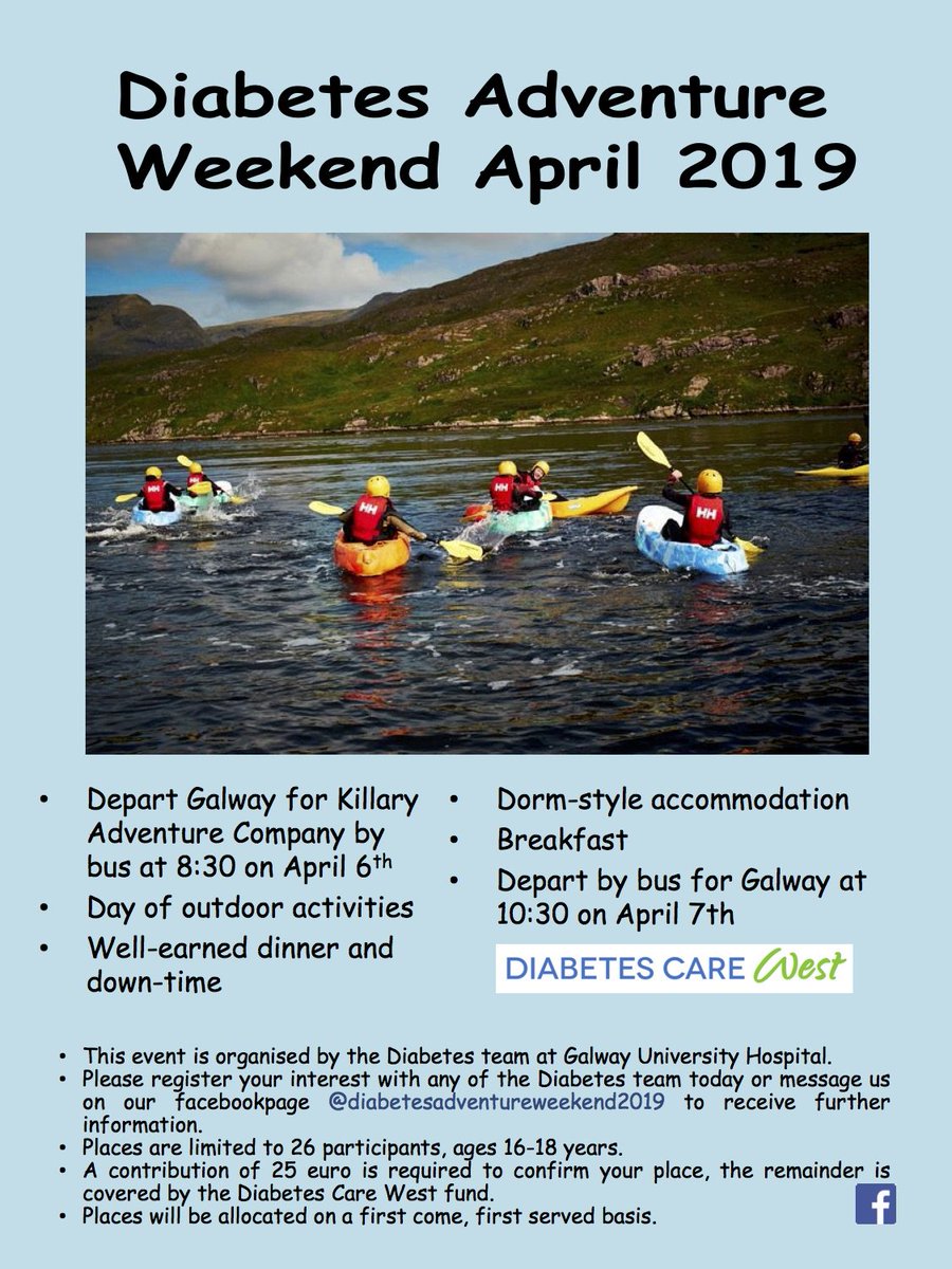 The Diabetes team at Galway University Hospital are organising an adventure weekend for 16-18 year olds with T1D - see attached flyer for more information -and message us here or let any of the team know if you are interested in attending!