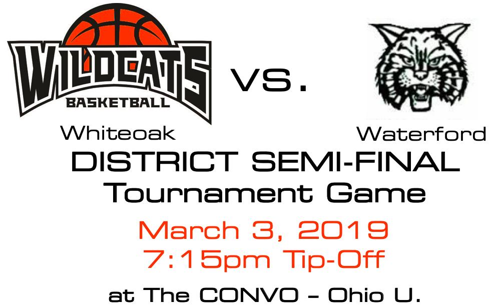 WhiteoakSports's tweet photo. The Varsity Boys Basketball Team will play their District Semi-Final game on Sun., Mar. 3 vs. Waterford HS at the Ohio U Convocation Center at 7:15pm. Tournament tickets are on sale for $6.  Please purchase those at the school or online. https://t.co/b2iaCm3vaZ @WJSHWildcats https://t.co/3vsWUsFFxY