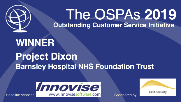 theOSPAs's tweet photo. The award for Outstanding Customer Service Initiative, sponsored by @AxisSecurity, goes to Project Dixon - Barnsley Hospital NHS Foundation Trust @barnshospital  #OSPAs https://t.co/bffhfhtpyi
