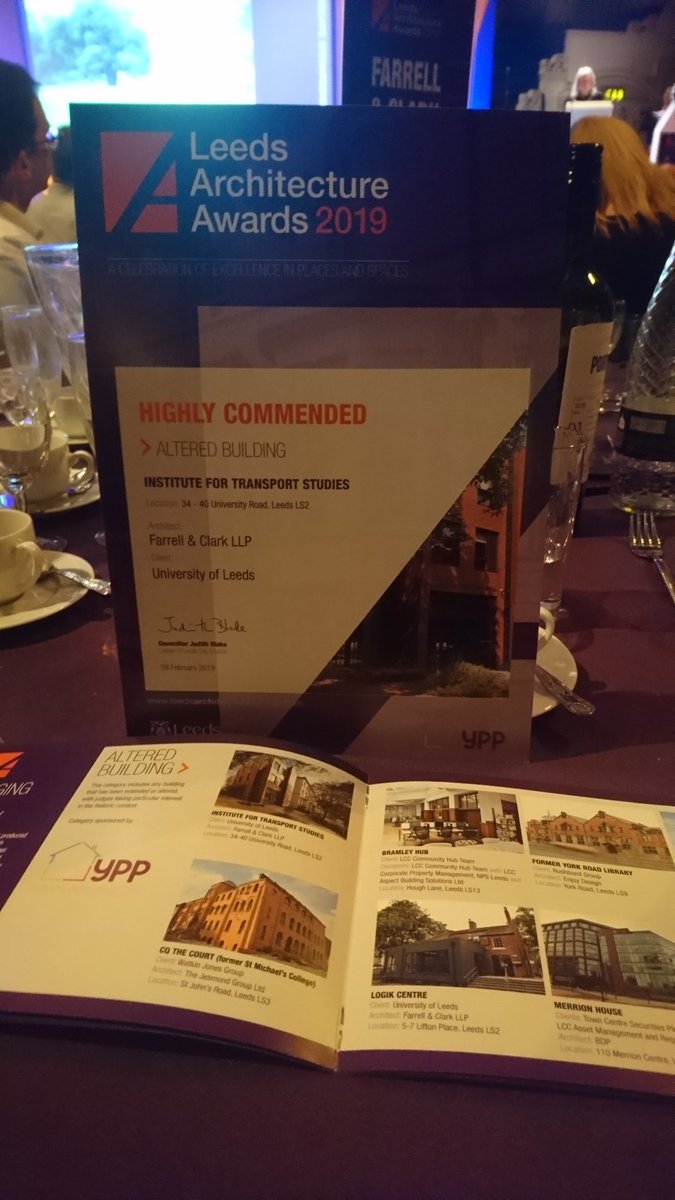 We've pleased to announce that <a href="/ITSLeeds/">Institute for Transport Studies at Leeds</a> Building was Highly Commended in the Altered Building Category <a href="/ArchitectureLCC/">Leeds Architecture</a> Awards. The judges commented that the extension suited a difficult site with a palette of materials that complemented the existing. #LAA2019 #leeds #fcteam
