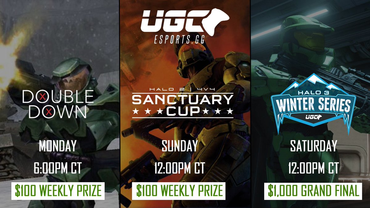 UGCevents's tweet photo. Legends never die.

All of your classic Halo favorites on @UGCesports.

[Halo CE: Double Down]
https://t.co/tbpMk7cHlK

[Halo 2: Sanctuary Cup]
https://t.co/ui8hGSEmwR

[#H3Winter]
https://t.co/0rAahPy5Ql https://t.co/6ooNV8p1Cm