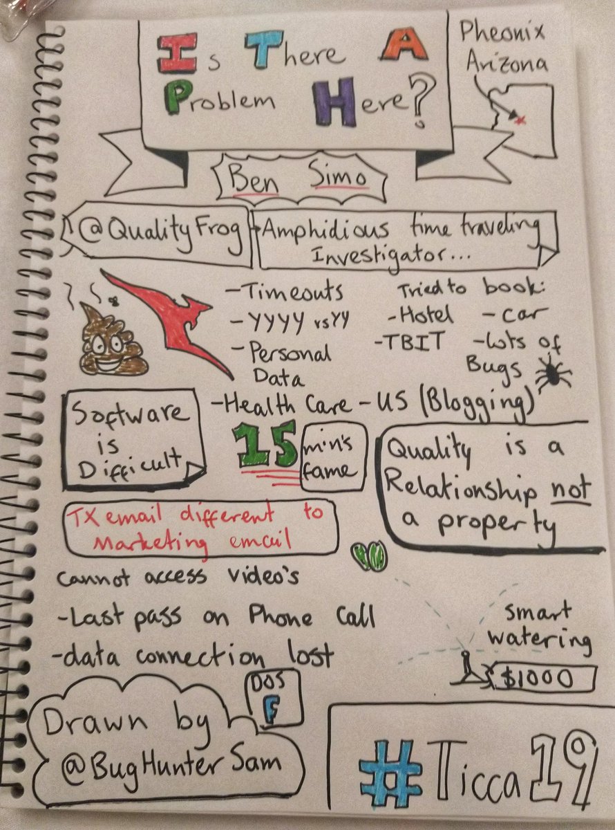 BugHunterSam's tweet photo. @QualityFrog keynote #sketchnotes for #Ticca19, ask is there a problem here? I find I'm compelled to let companies know of the bugs I find https://t.co/Z29tVQuoTu