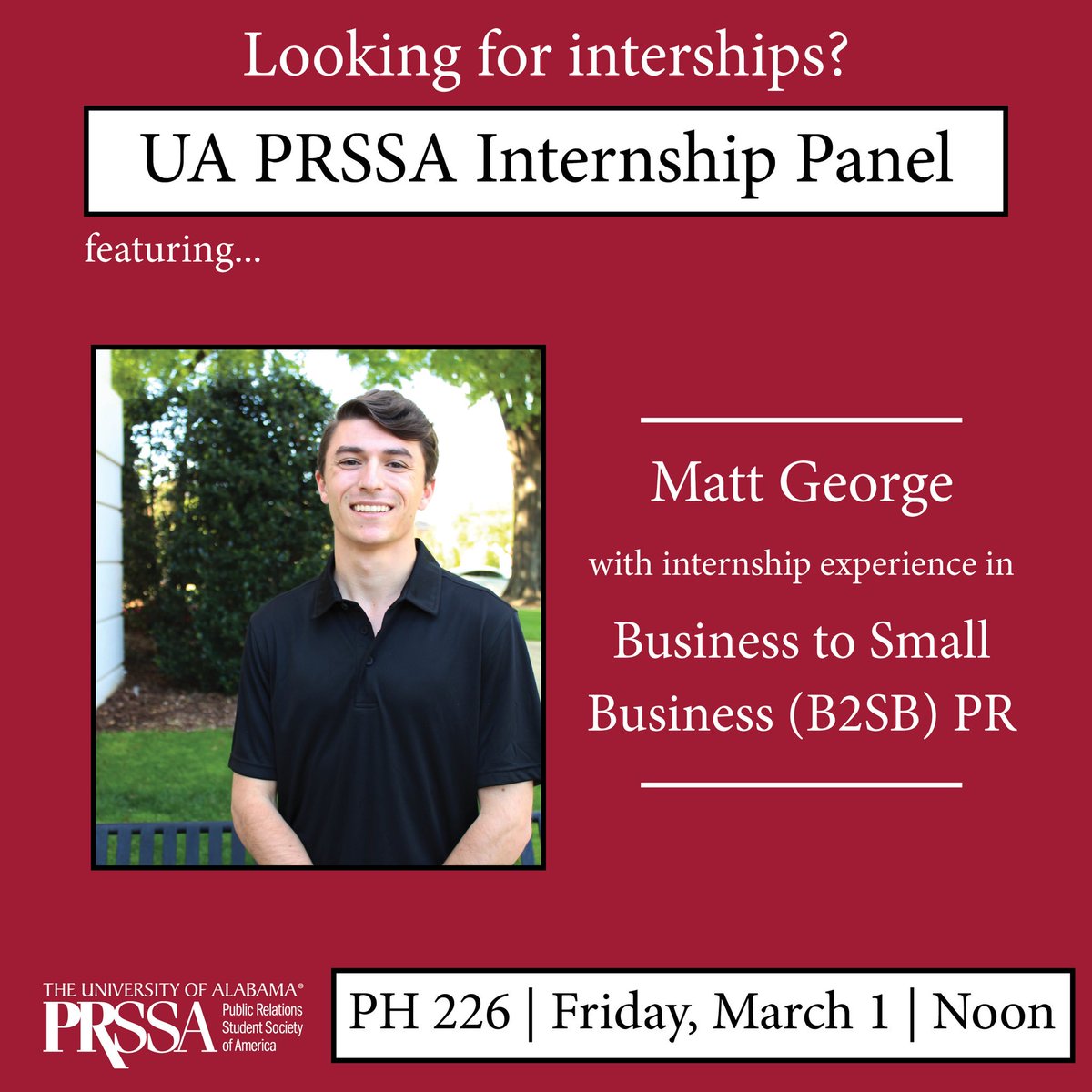 UAPRSSA's tweet photo. Say “hello” to Alana Doyle and Matt George, our final two panelists for the Internship Panel Lunch &amp; Learn! They will be sharing their experiences tomorrow in PH 226 at noon. https://t.co/AQnrMLY82F