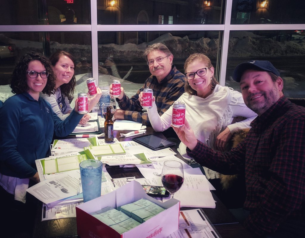 stpatsmadison's tweet photo. A few of Madison's St Patrick's Day Parade ☘️ Committee members finalizing details and enjoying an ice cold @AleAsylum #KeepErMovin Pilsner by @ManitowocMinute and @CharlieBerens ! 🍺 We look forward to seeing all of your smiling faces March 17th!! 💚 #MadisonWI #StPatsMadison https://t.co/AwIWSt7Nn7
