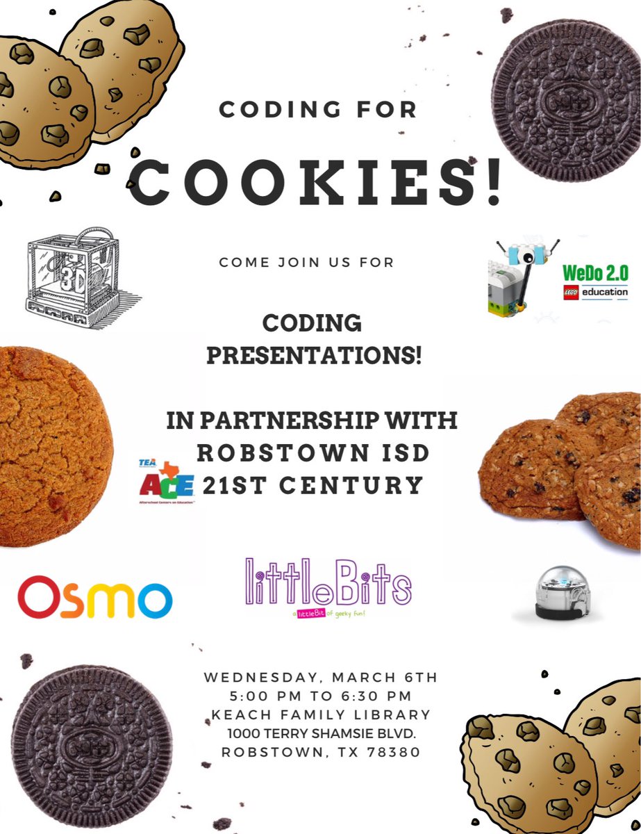 NuecesLibraries's tweet image. Some SMART Cookies!  Join us for National Oreo Cookie day next Wednesday as students from Robstown 21st Century ACE at @RobstownISD will showcase Coding for a Cookie STEM robotics that Nueces County Public Libraries have on hand. #stem #robotics #librariesequalstrongcommunities